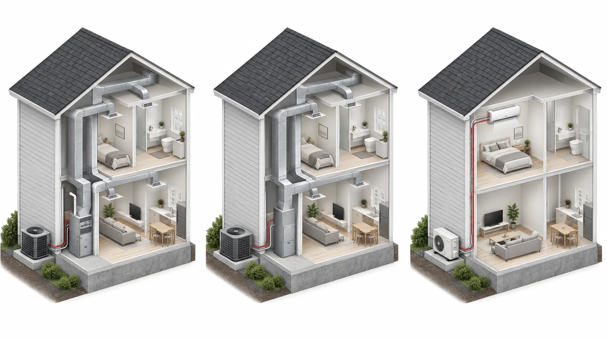 Illustration comparing three ways to cool a home: central AC, a ducted heat pump and a ductless mini-split