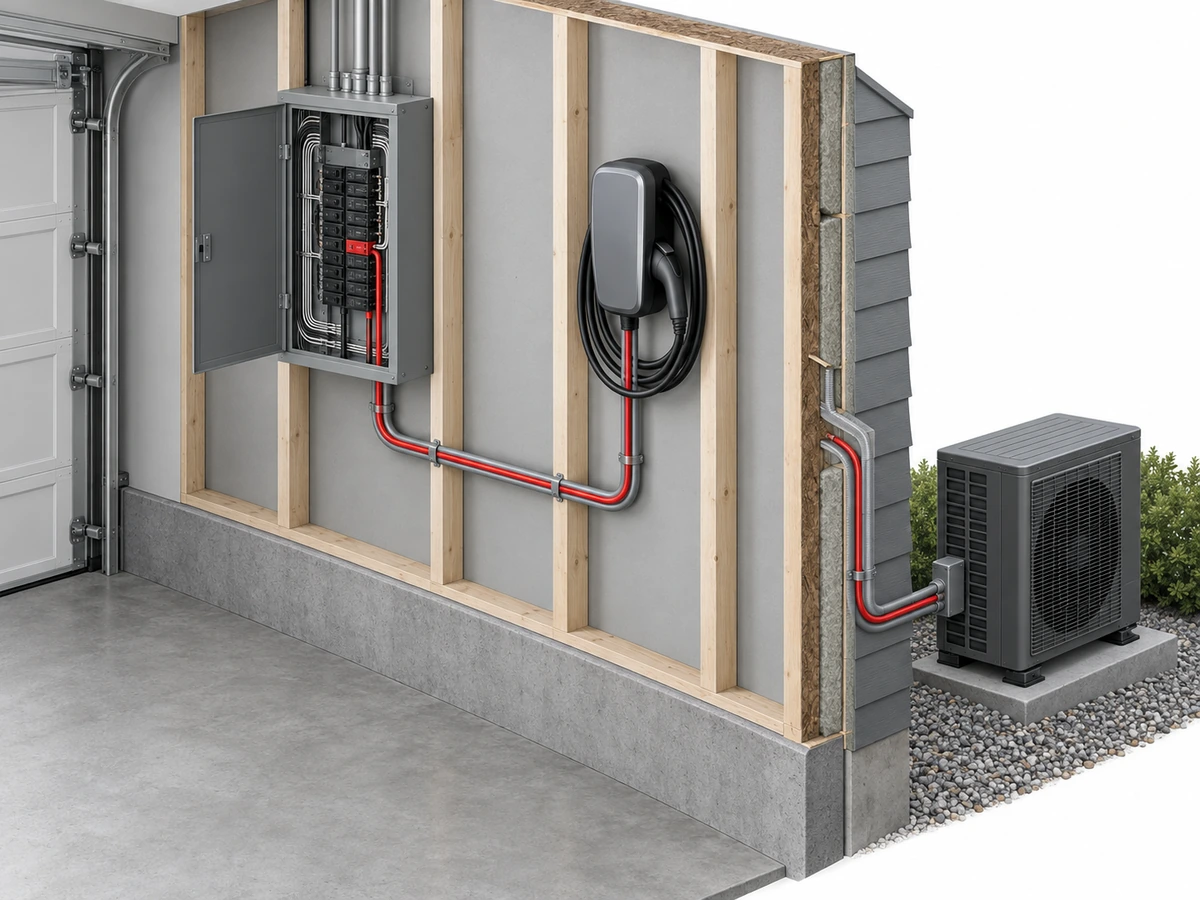 Illustration of a home electrical panel feeding new circuits to a Level 2 EV charger and an outdoor heat pump