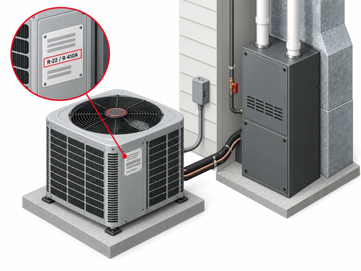 Illustration of an outdoor AC condenser beside a gas furnace, with its nameplate showing the refrigerant type