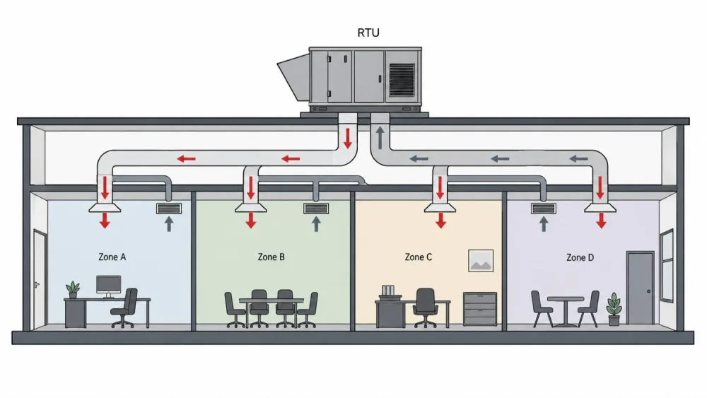 Westside Comfort Solutions diagram of zoned commercial HVAC distribution across a building