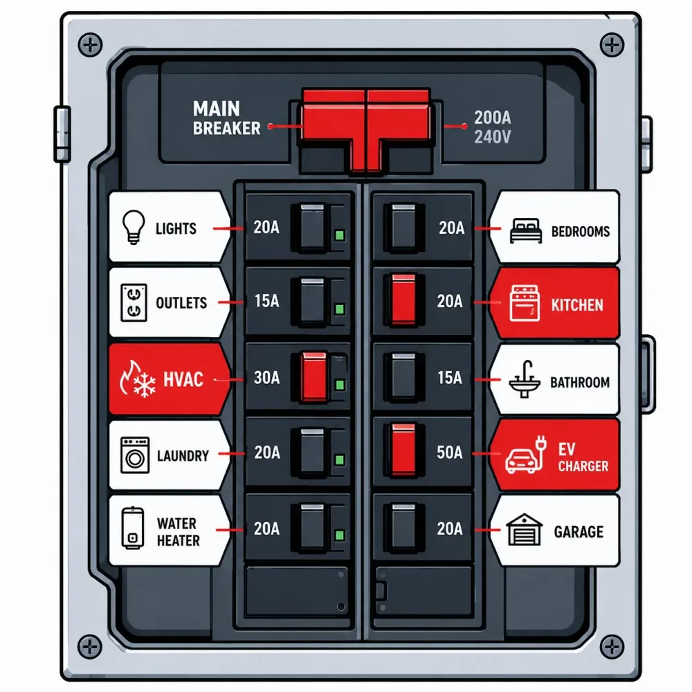 Westside Comfort Solutions diagram of a residential electrical panel layout and circuits