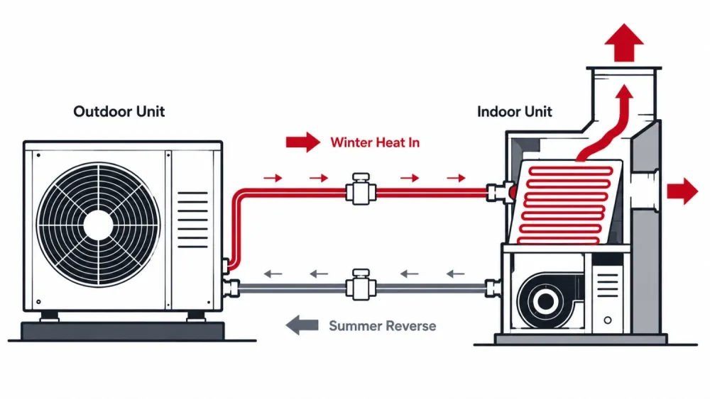 Westside Comfort Solutions diagram showing how a heat pump moves heat to warm a home in winter and cool it in summer