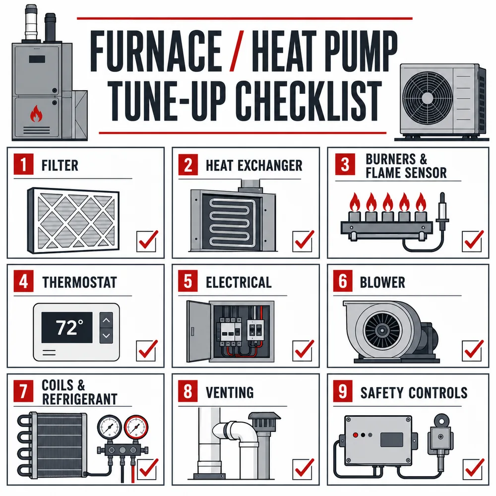 Seasonal HVAC tune-up checklist: filter, heat exchanger, burners and flame sensor, thermostat, electrical connections, blower, coils and refrigerant, venting, and safety controls