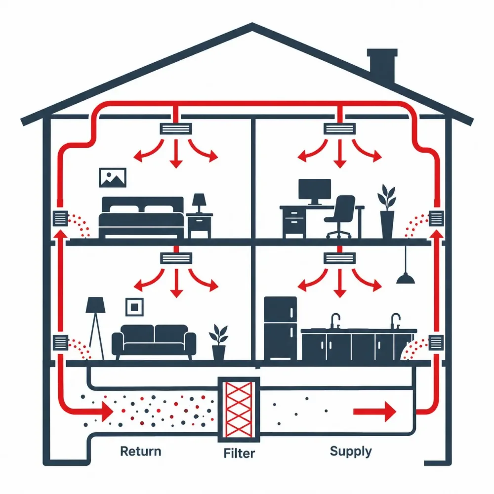 Westside Comfort Solutions diagram of indoor air quality airflow through filtration and ventilation in a home