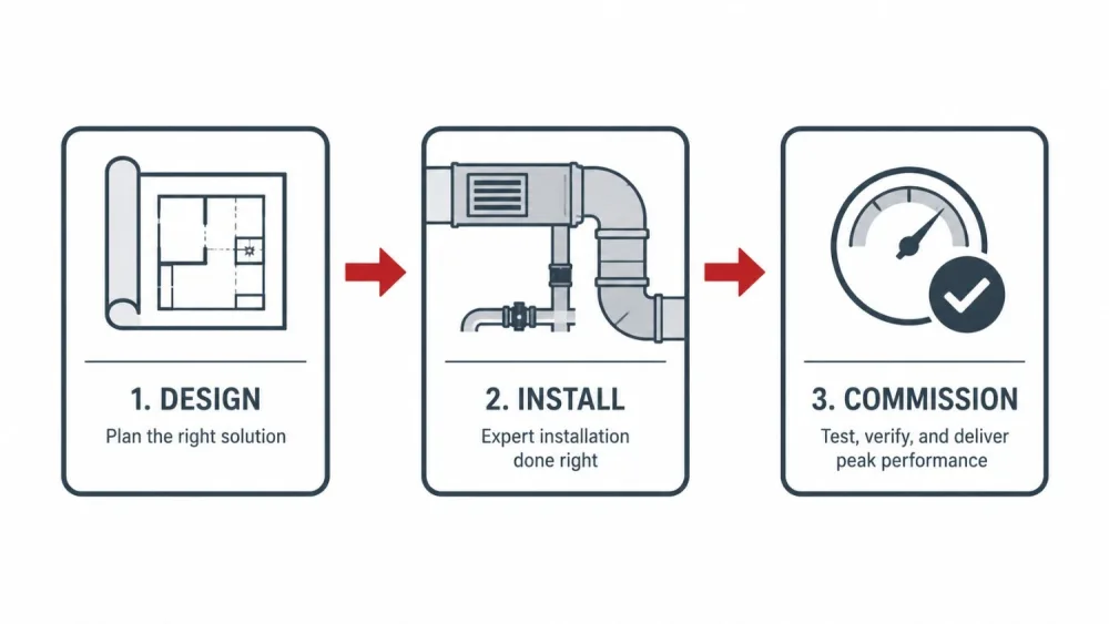 Westside Comfort Solutions diagram of the mechanical construction process from design through inspection