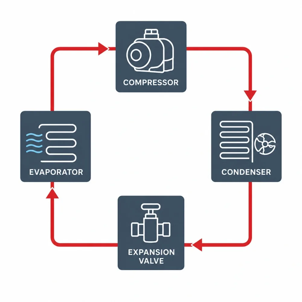 Westside Comfort Solutions diagram of the commercial refrigeration cycle: compressor, condenser, expansion valve, evaporator