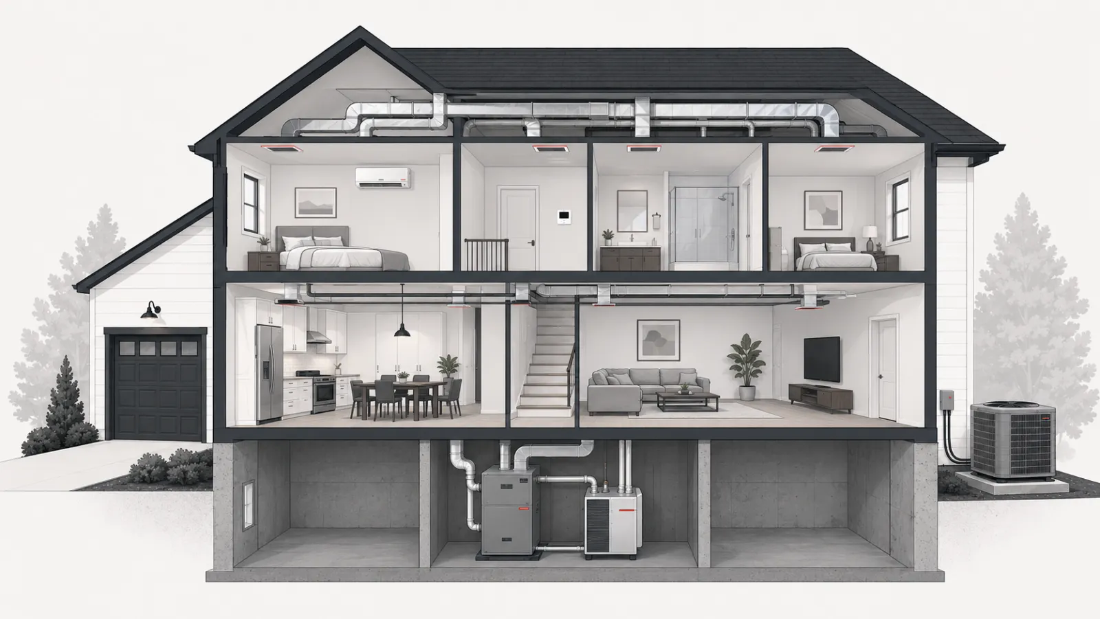 Cutaway illustration of a home comfort system, showing ductwork, thermostat, ductless mini-split, furnace, and outdoor heat pump installed by Westside Comfort Solutions in Renton, WA