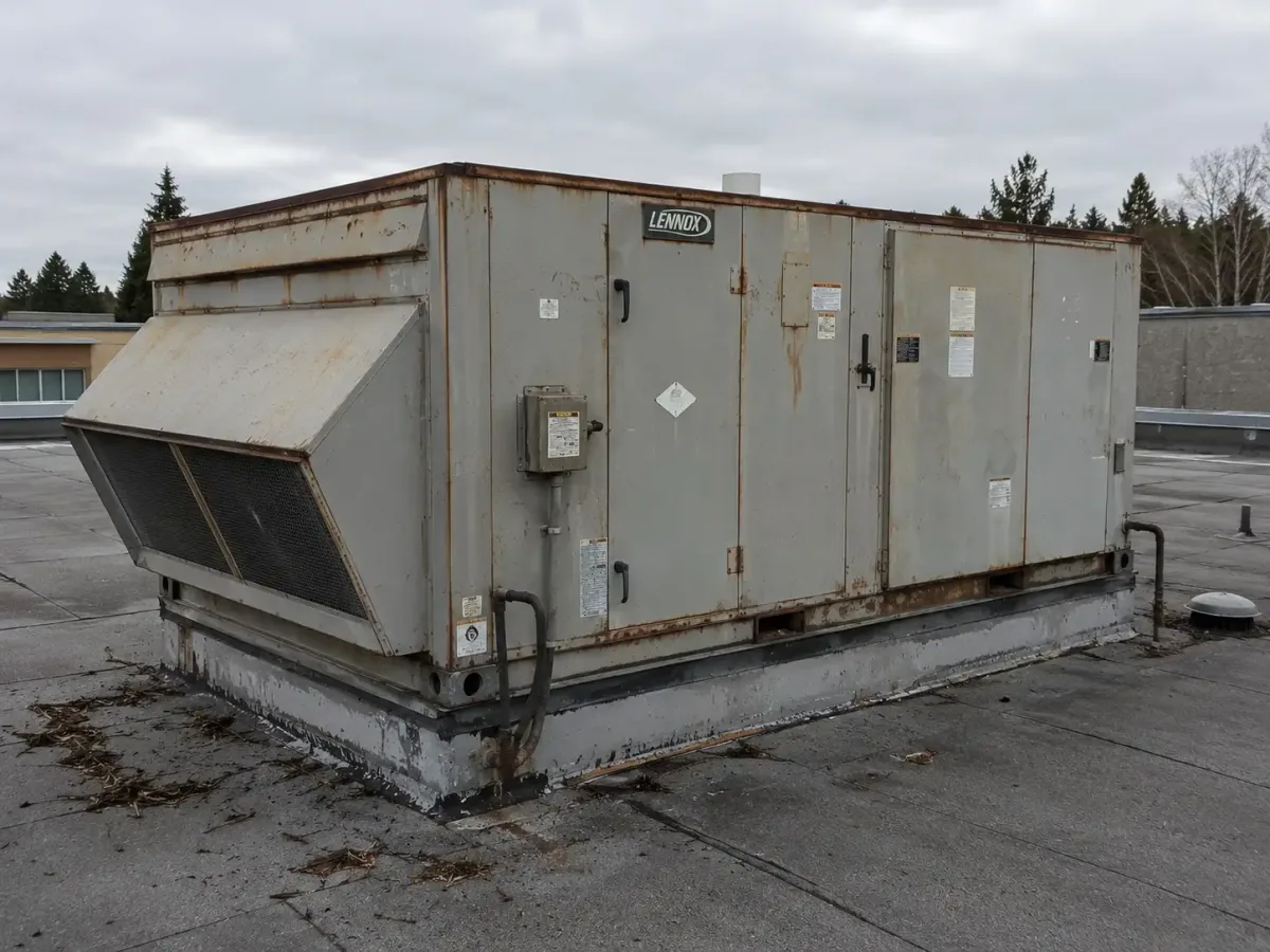 Weathered commercial rooftop unit before replacement, example of Westside Comfort Solutions work