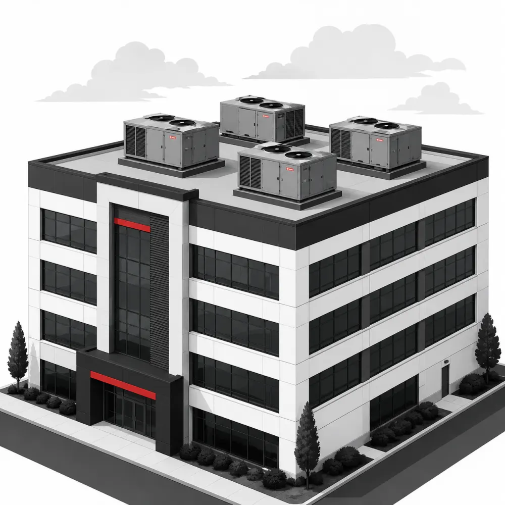 Illustration of a commercial building with rooftop HVAC units, serviced by Westside Comfort Solutions in Washington