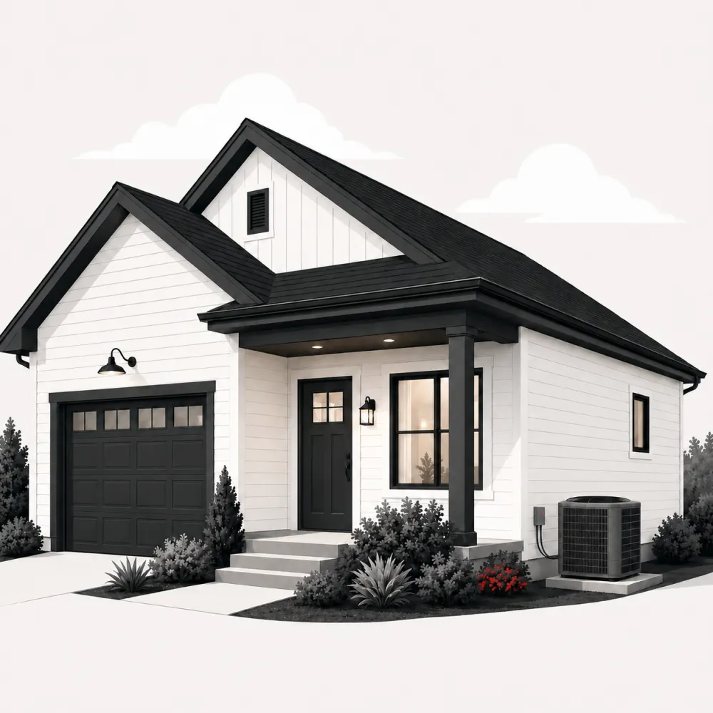 Illustration of a Washington home with its outdoor heat pump, served by Westside Comfort Solutions