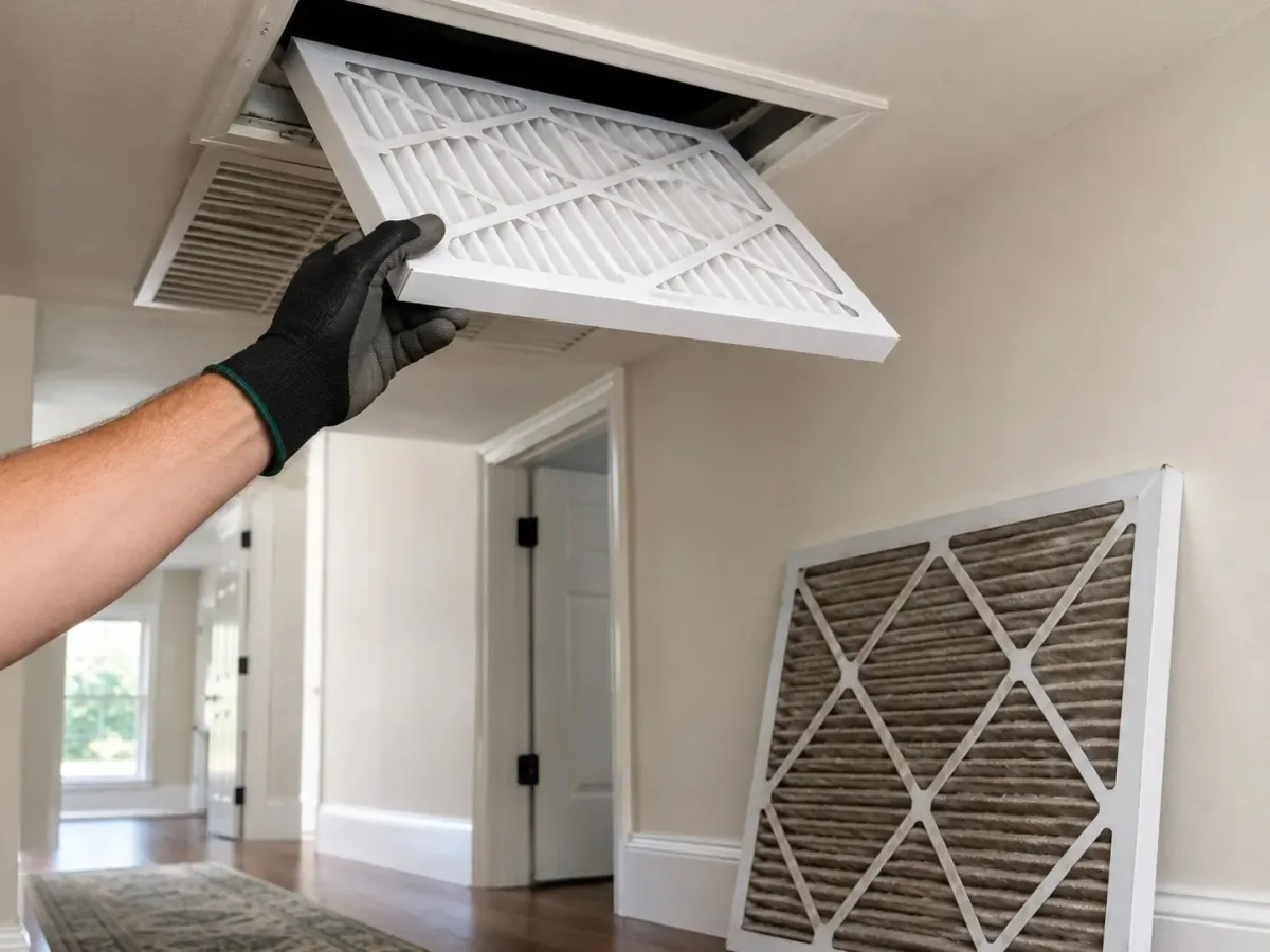 Clean replacement air filter going into a home HVAC system by Westside Comfort Solutions