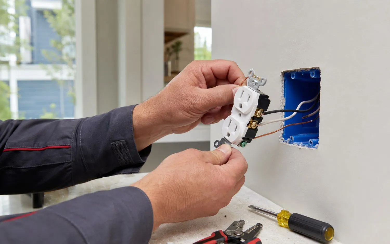 Westside Comfort Solutions electrician wiring a duplex wall outlet in a Renton, WA home