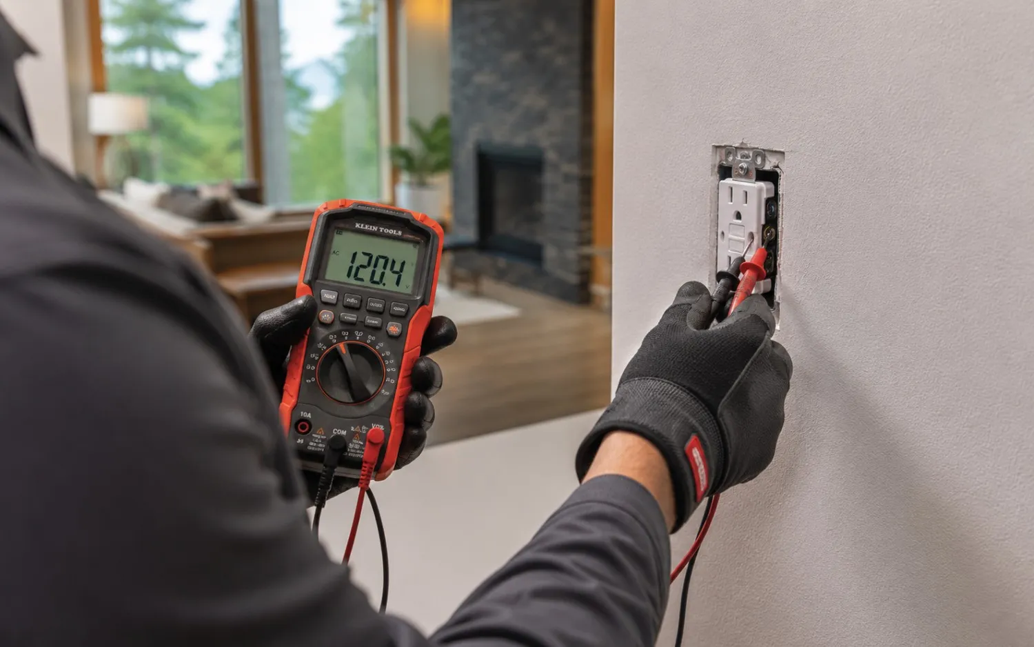 Westside Comfort Solutions electrician testing a wall outlet with a multimeter during diagnostics in Renton, WA