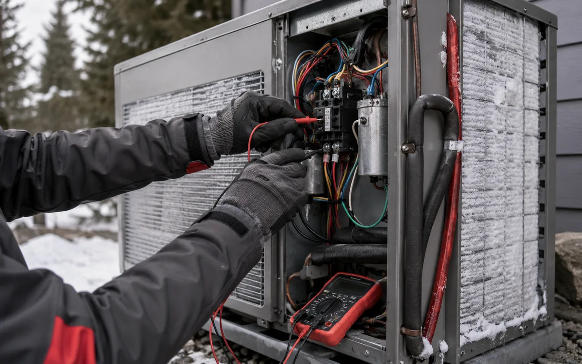 Westside Comfort Solutions technician diagnosing an outdoor heat pump with the access panel off in Renton, WA